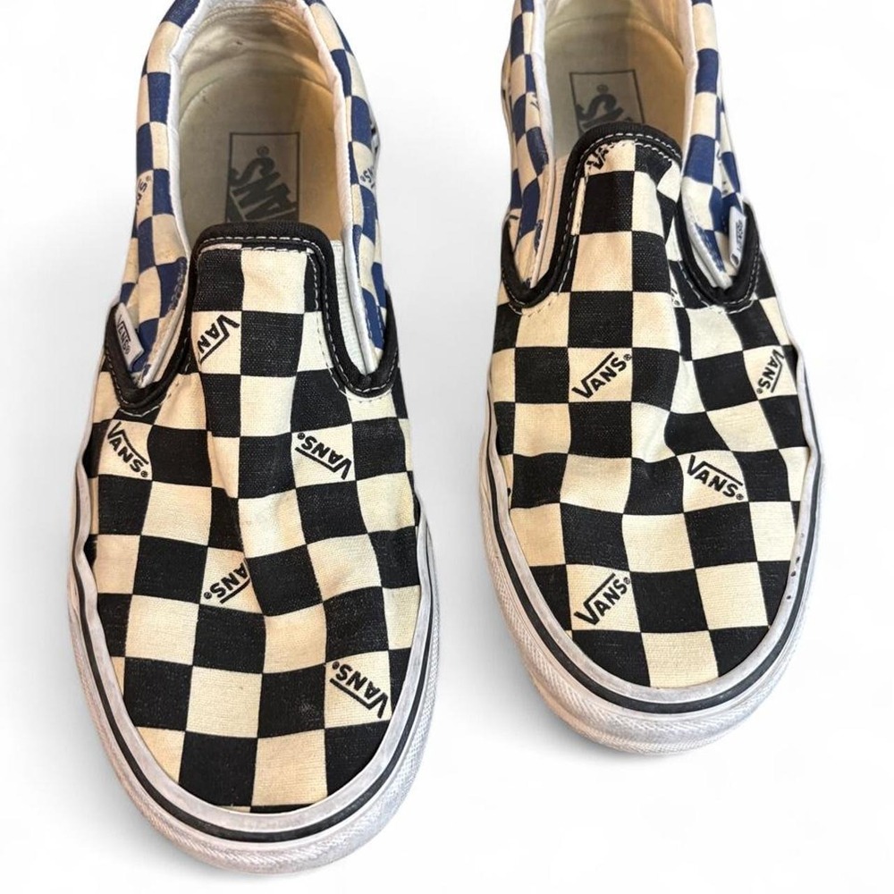 Vans Classic Slip On Checkerboard Men 8.5 Women 10 Black Blue Logo Skate Shoes
